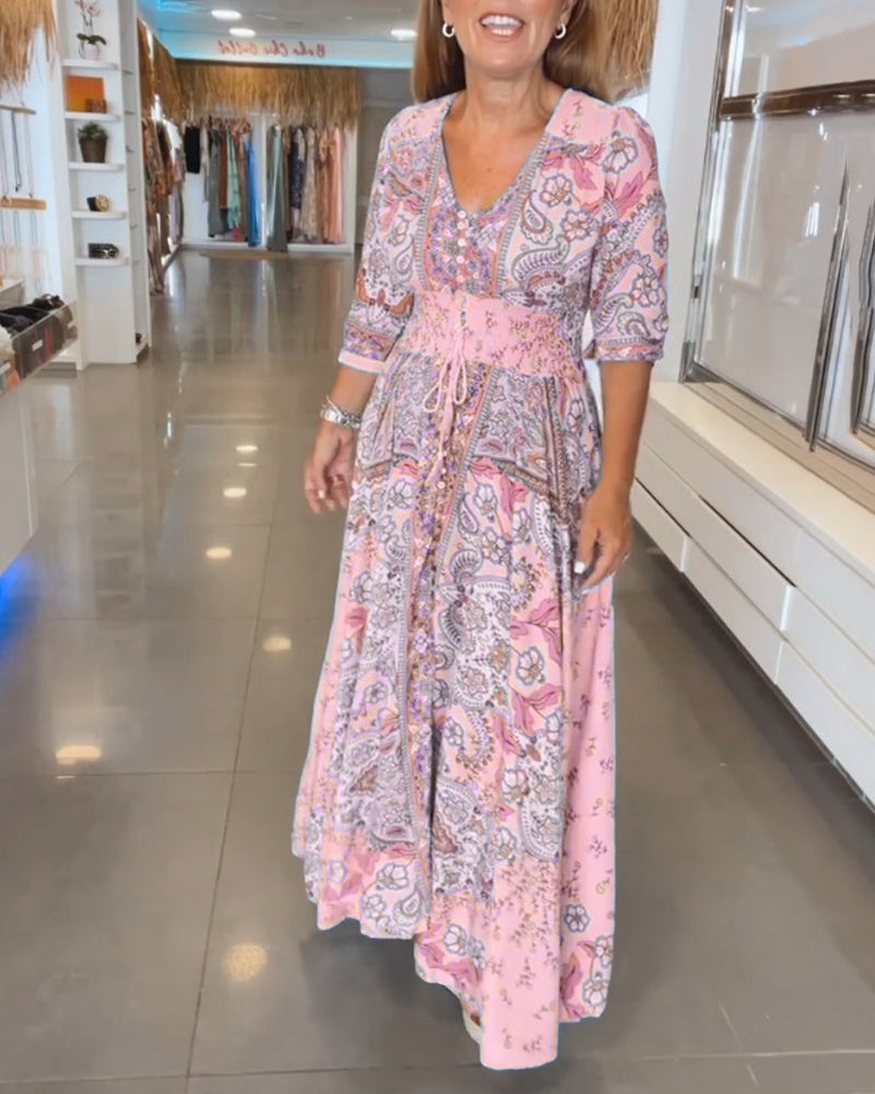 V-Neck 3/4 Sleeve Holiday Maxi Dress β Floral Print, Lightweight, Boho Style
