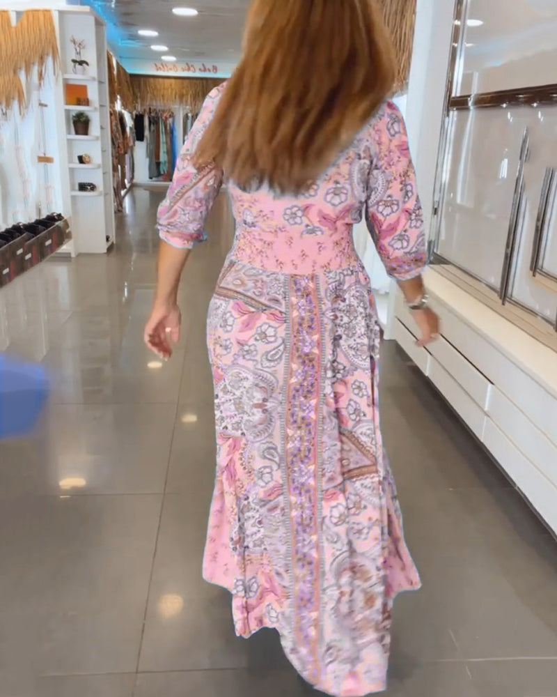 V-Neck 3/4 Sleeve Holiday Maxi Dress β Floral Print, Lightweight, Boho Style