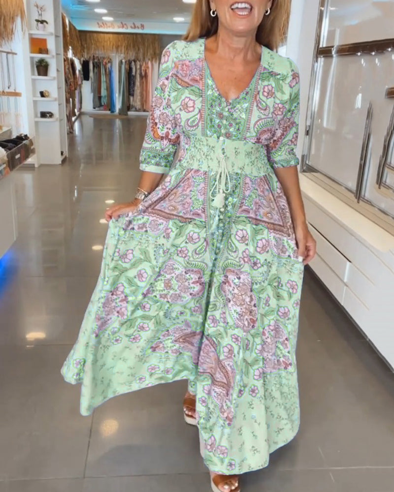 V-Neck 3/4 Sleeve Holiday Maxi Dress β Floral Print, Lightweight, Boho Style