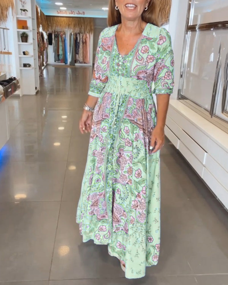 V-Neck 3/4 Sleeve Holiday Maxi Dress β Floral Print, Lightweight, Boho Style