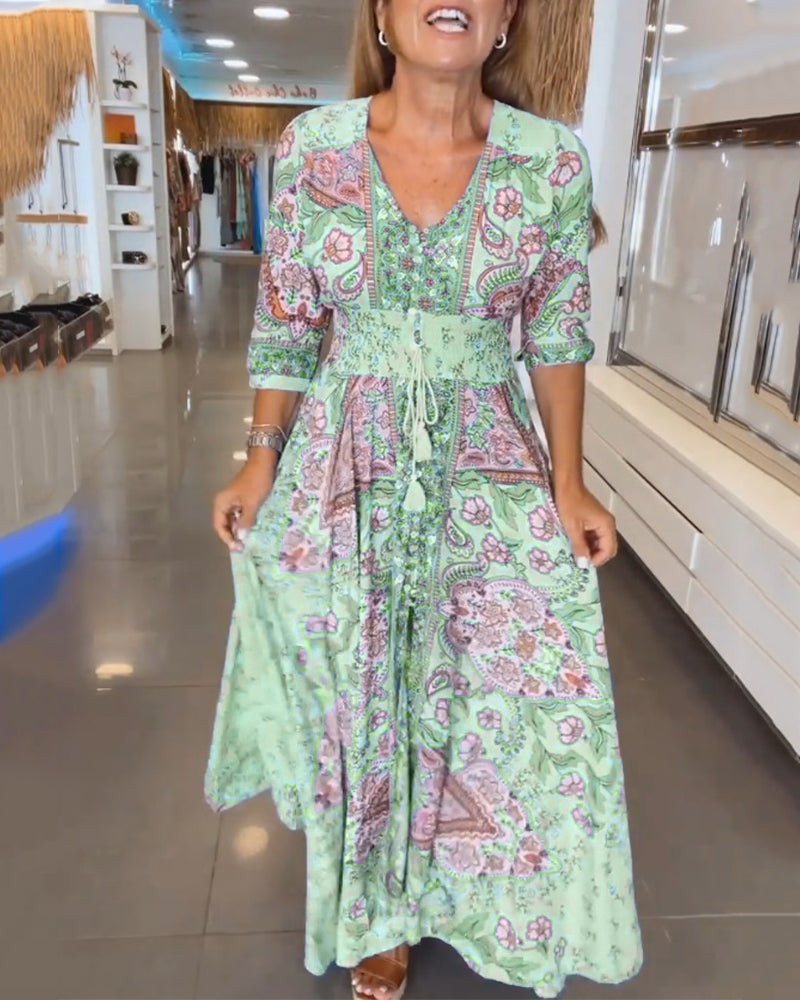 V-Neck 3/4 Sleeve Holiday Maxi Dress β Floral Print, Lightweight, Boho Style