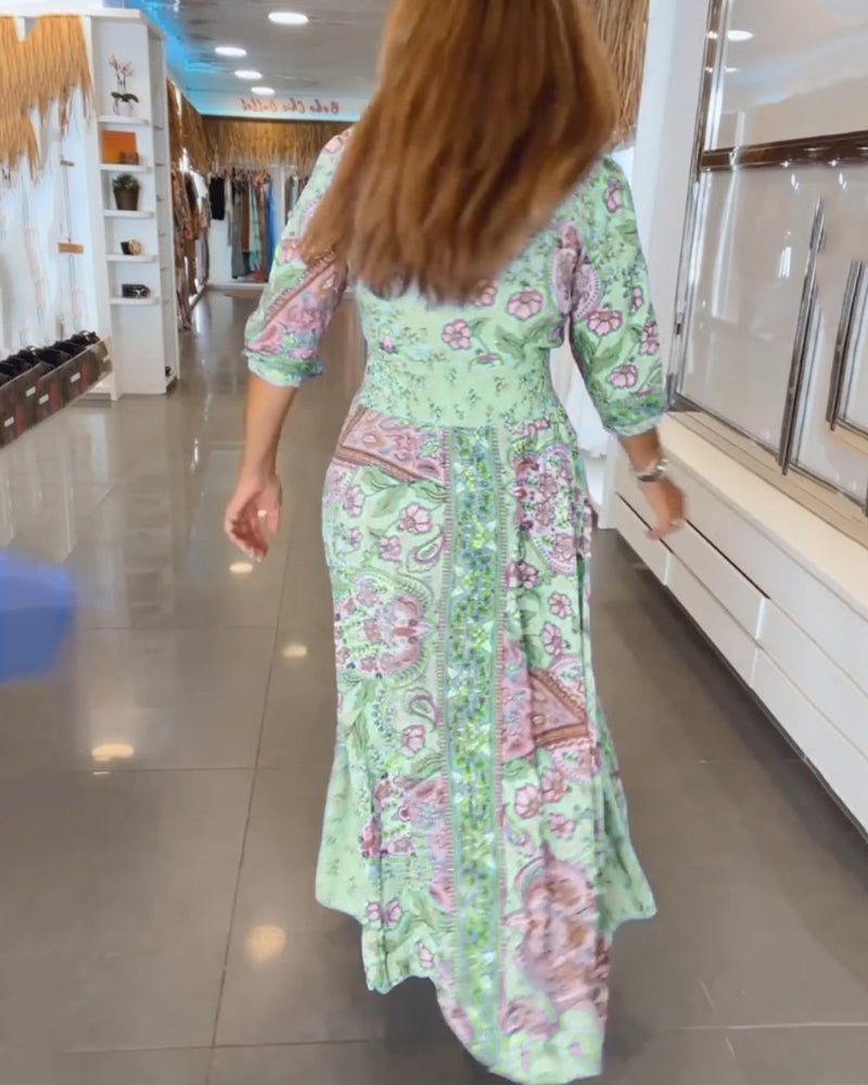 V-Neck 3/4 Sleeve Holiday Maxi Dress β Floral Print, Lightweight, Boho Style