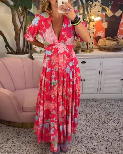 Long Floral V-Neck Dress with Pockets β Flowy Summer Maxi, Comfortable Fit