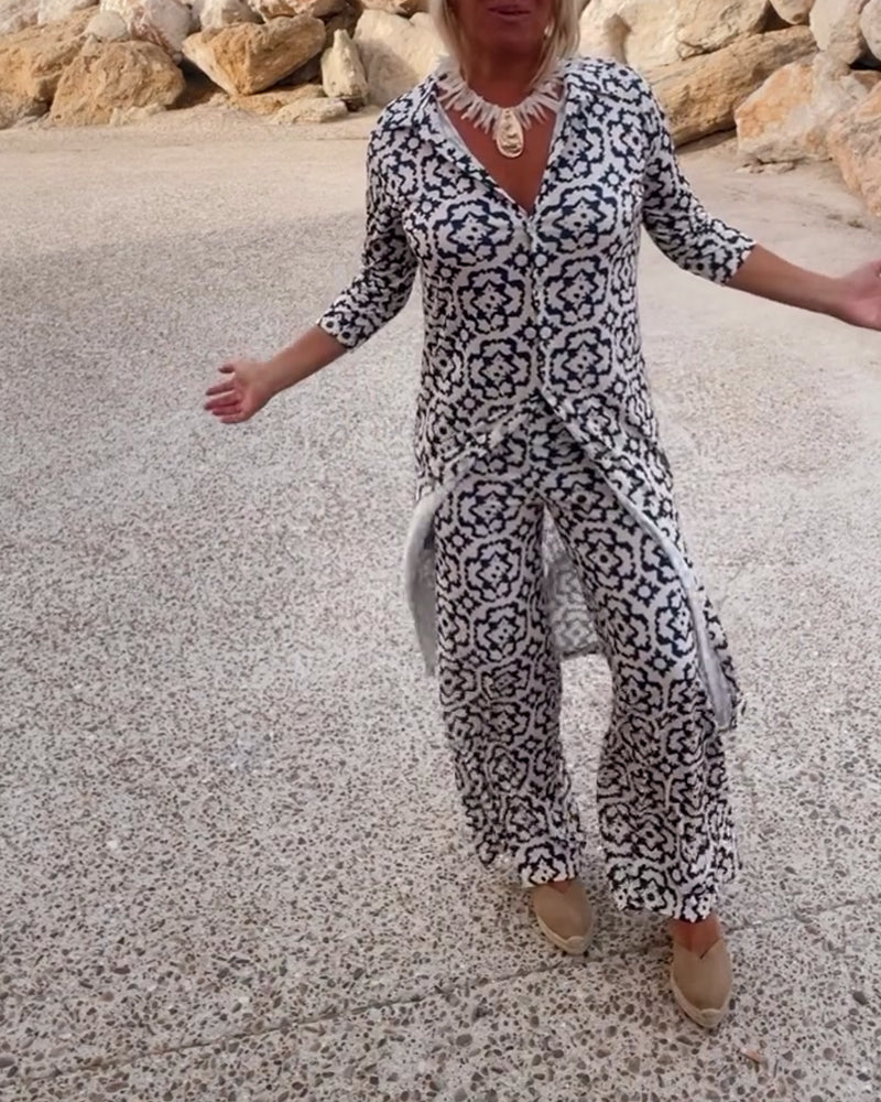 Vintage Printed Two-Piece Set with Lapel Collar and Button Details β Spring/Summer