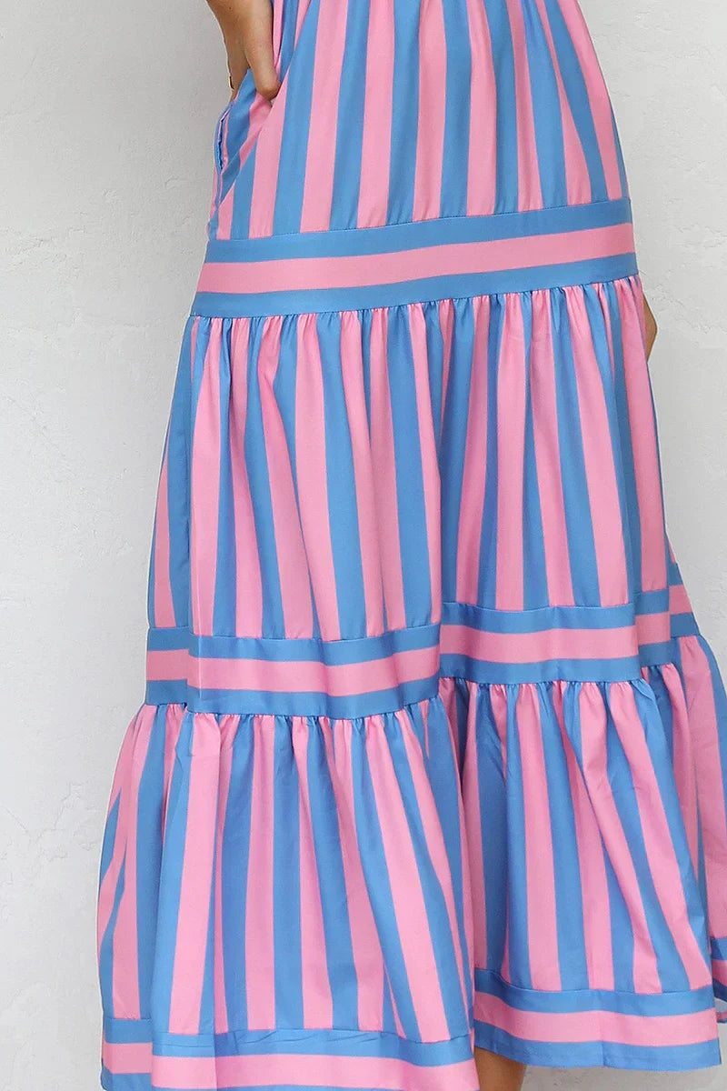 Striped Maxi Dress - Green/White - Sleeveless Summer Dress, Cotton Blend