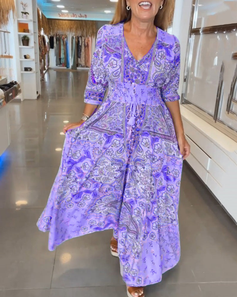 V-Neck 3/4 Sleeve Holiday Maxi Dress β Floral Print, Lightweight, Boho Style