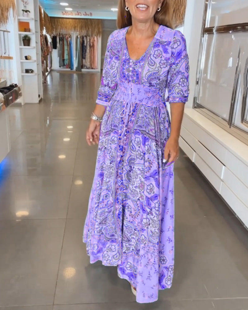 V-Neck 3/4 Sleeve Holiday Maxi Dress β Floral Print, Lightweight, Boho Style
