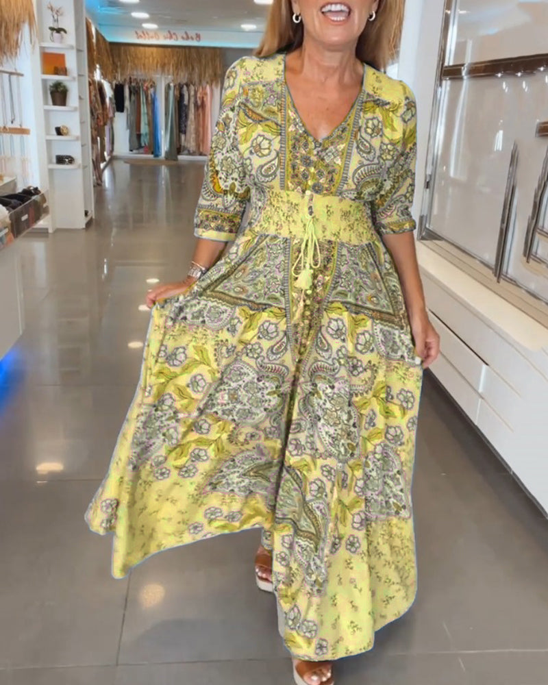 V-Neck 3/4 Sleeve Holiday Maxi Dress β Floral Print, Lightweight, Boho Style