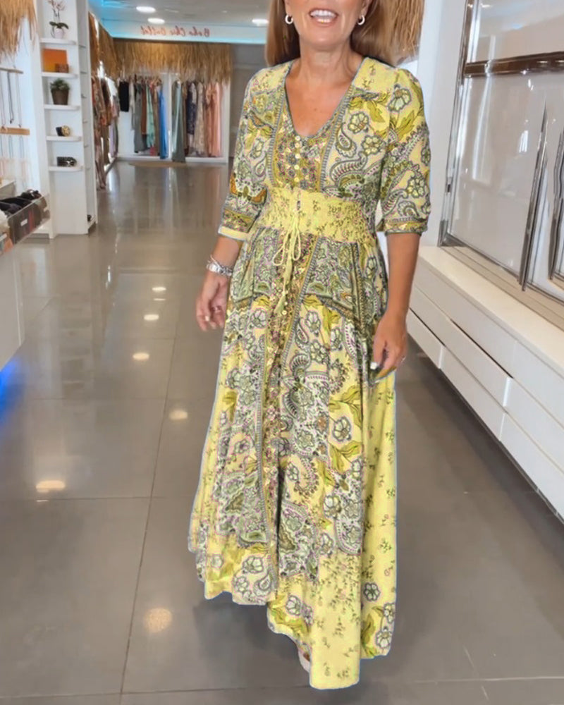 V-Neck 3/4 Sleeve Holiday Maxi Dress β Floral Print, Lightweight, Boho Style