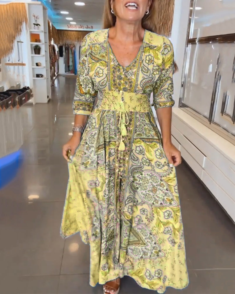 V-Neck 3/4 Sleeve Holiday Maxi Dress β Floral Print, Lightweight, Boho Style