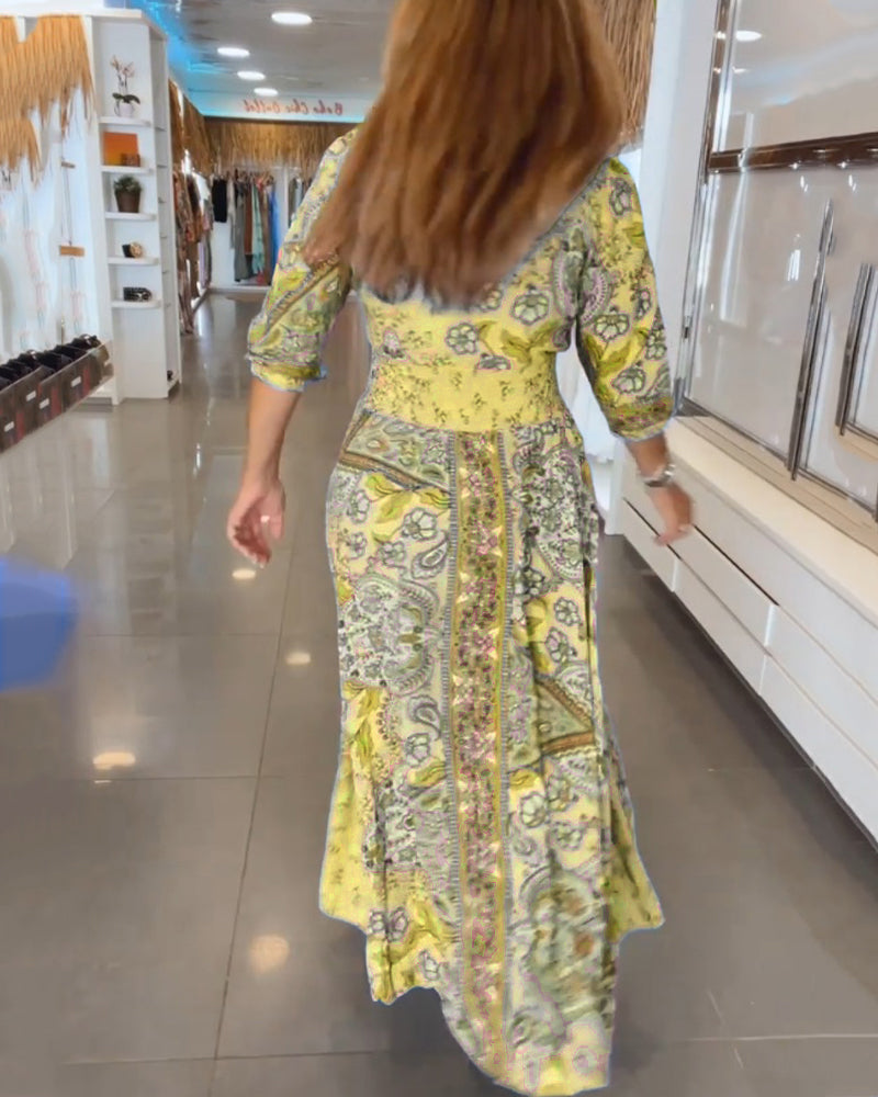V-Neck 3/4 Sleeve Holiday Maxi Dress β Floral Print, Lightweight, Boho Style