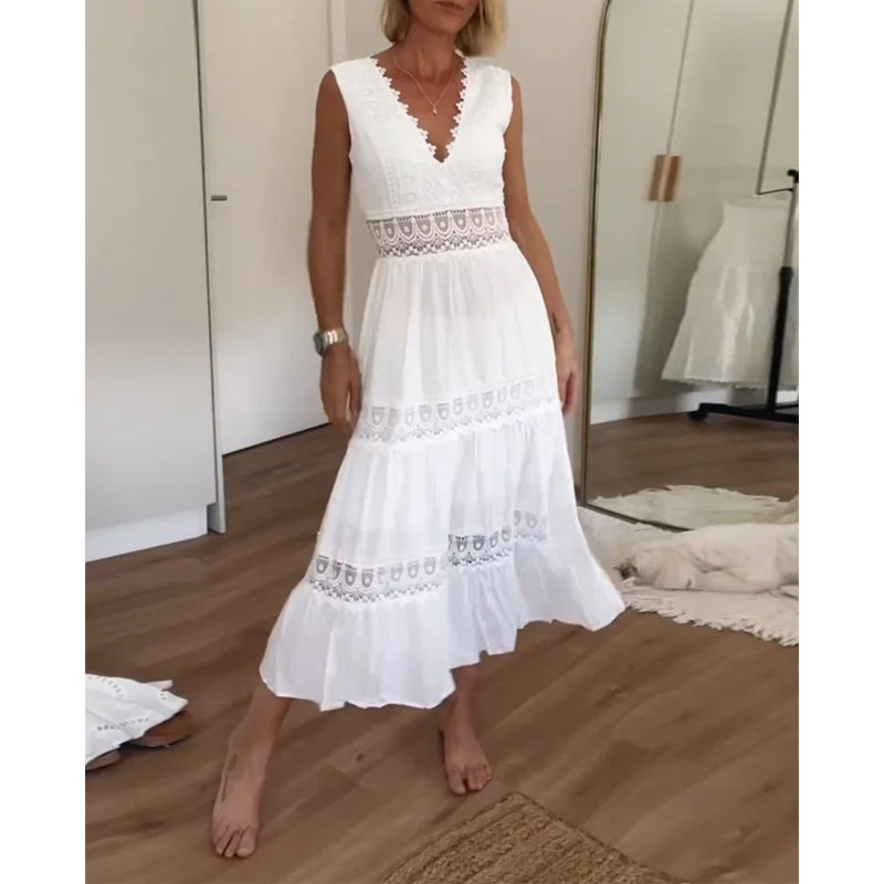 V-neck lace tank dress β sleeveless summer midi with airy lace detail