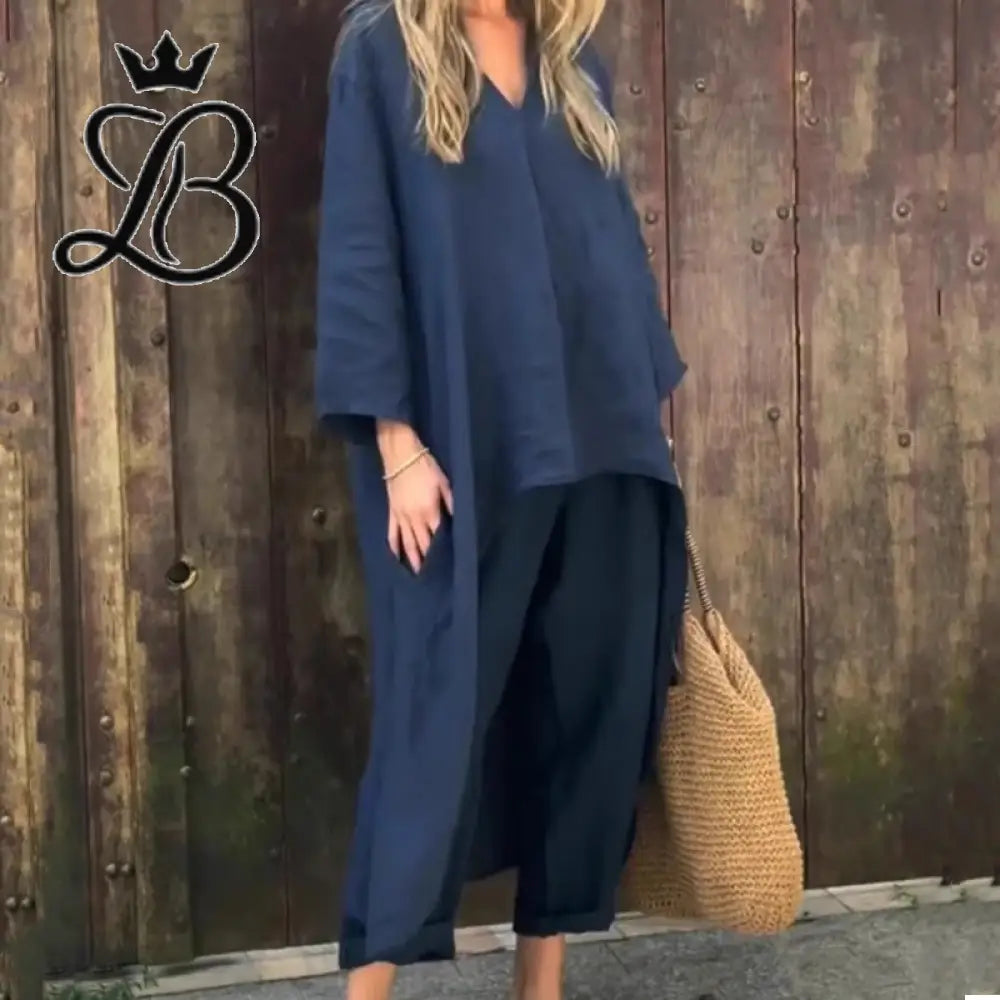 2-Piece V-Neck Relaxed Set with Pockets - Navy Blue Linen Blend Apparel & Accessories > Clothing > Outfit Sets