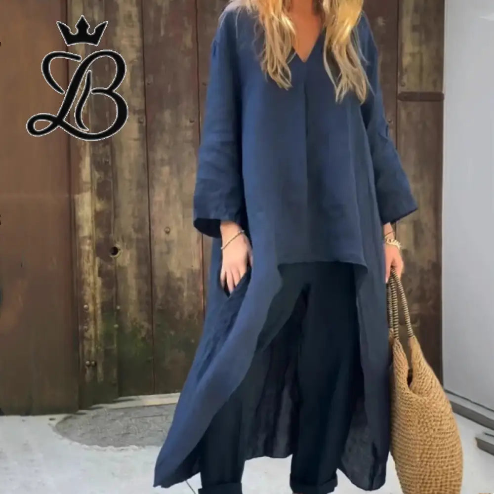 2-Piece V-Neck Relaxed Set with Pockets - Navy Blue Linen Blend Apparel & Accessories > Clothing > Outfit Sets