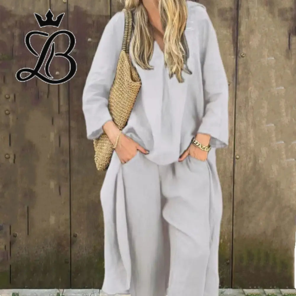 2-Piece V-Neck Relaxed Set with Pockets - Navy Blue Linen Blend Apparel & Accessories > Clothing > Outfit Sets