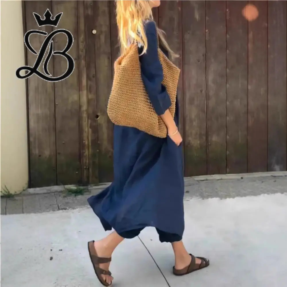 2-Piece V-Neck Relaxed Set with Pockets - Navy Blue Linen Blend Apparel & Accessories > Clothing > Outfit Sets