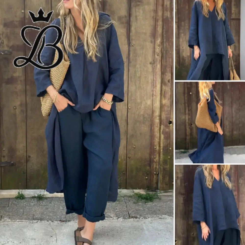 2-Piece V-Neck Relaxed Set with Pockets - Navy Blue Linen Blend Apparel & Accessories > Clothing > Outfit Sets