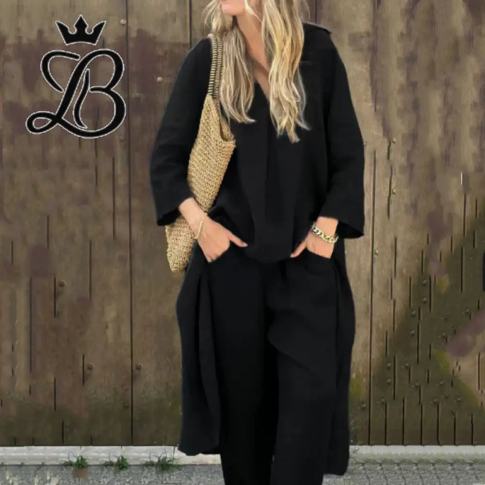 2-Piece V-Neck Relaxed Set with Pockets - Navy Blue Linen Blend Black / XS Apparel & Accessories > Clothing > Outfit