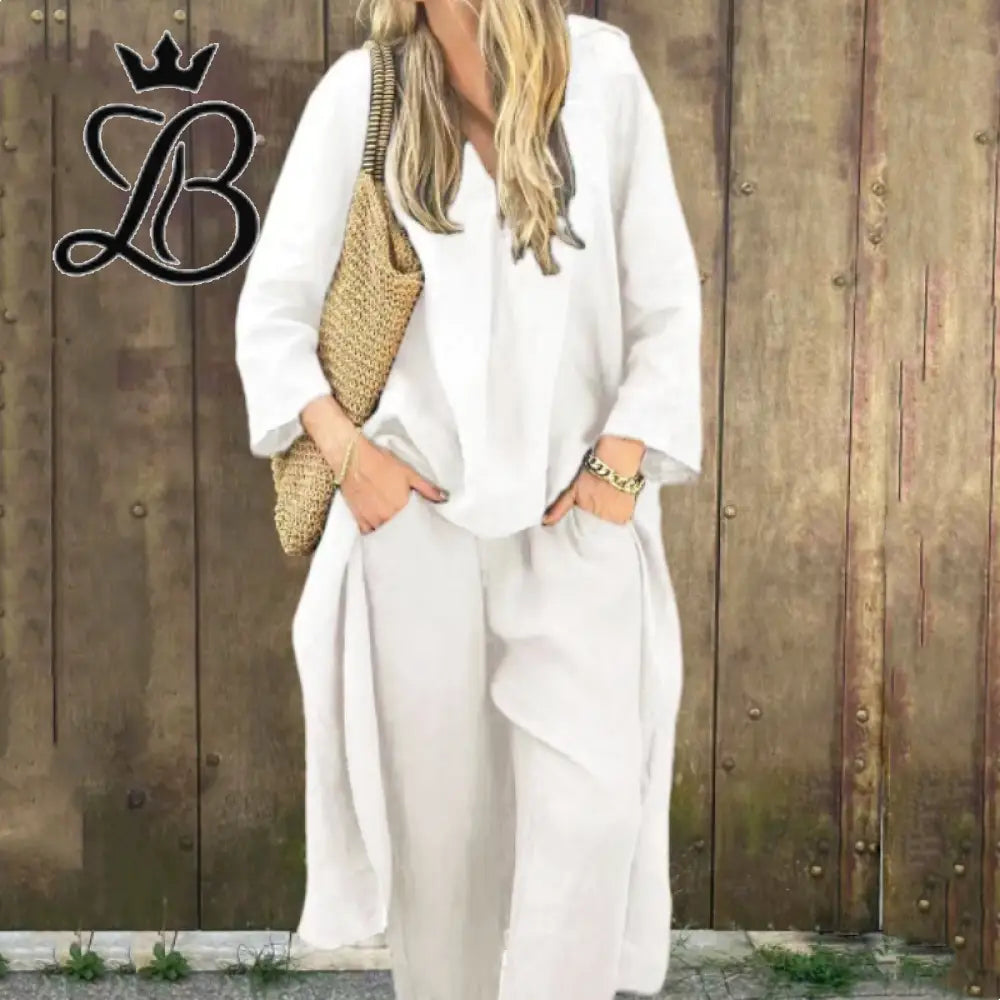 2-Piece V-Neck Relaxed Set with Pockets - Navy Blue Linen Blend White / XS Apparel & Accessories > Clothing > Outfit