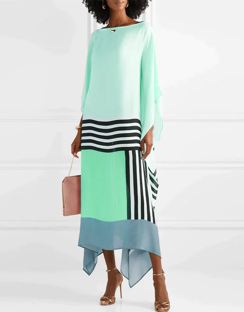 Elegant Geometric Print Caftan Dress β Loose Fit, Lightweight, Pink/Yellow/Black