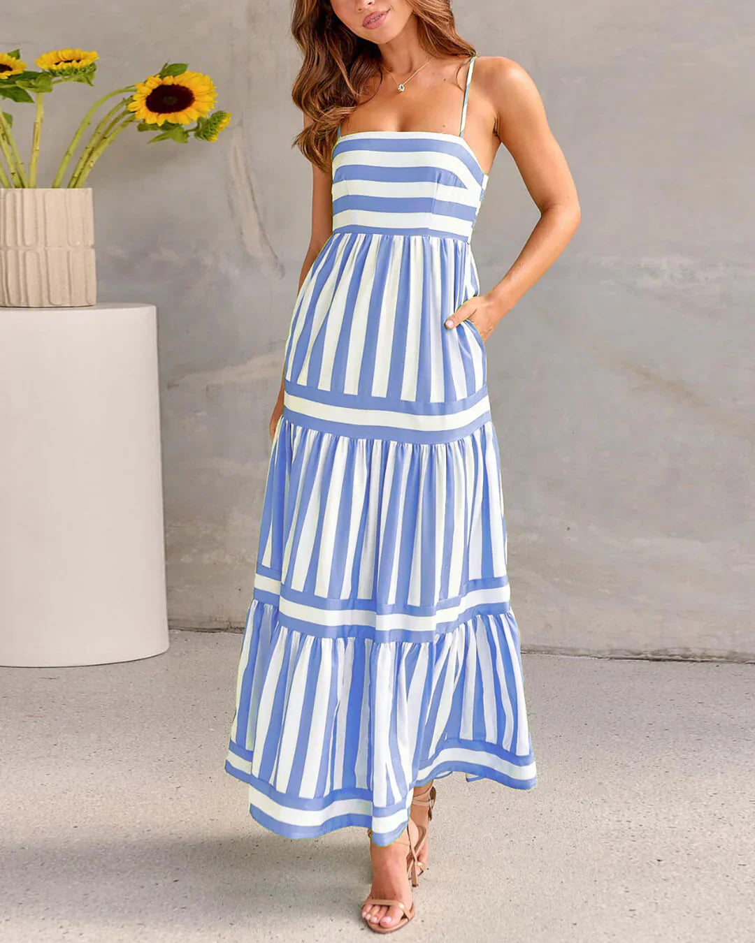 Striped Maxi Dress - Green/White - Sleeveless Summer Dress, Cotton Blend