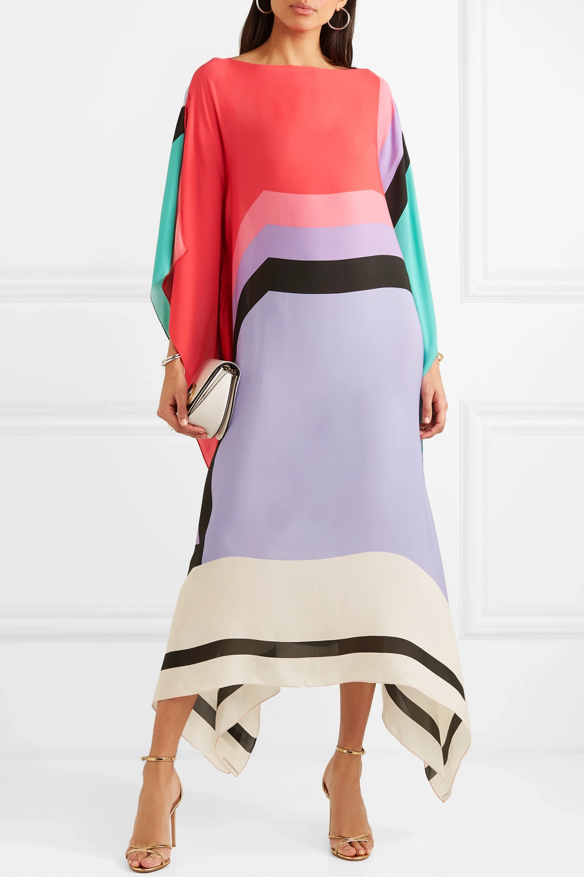 Elegant Geometric Print Caftan Dress β Loose Fit, Lightweight, Pink/Yellow/Black