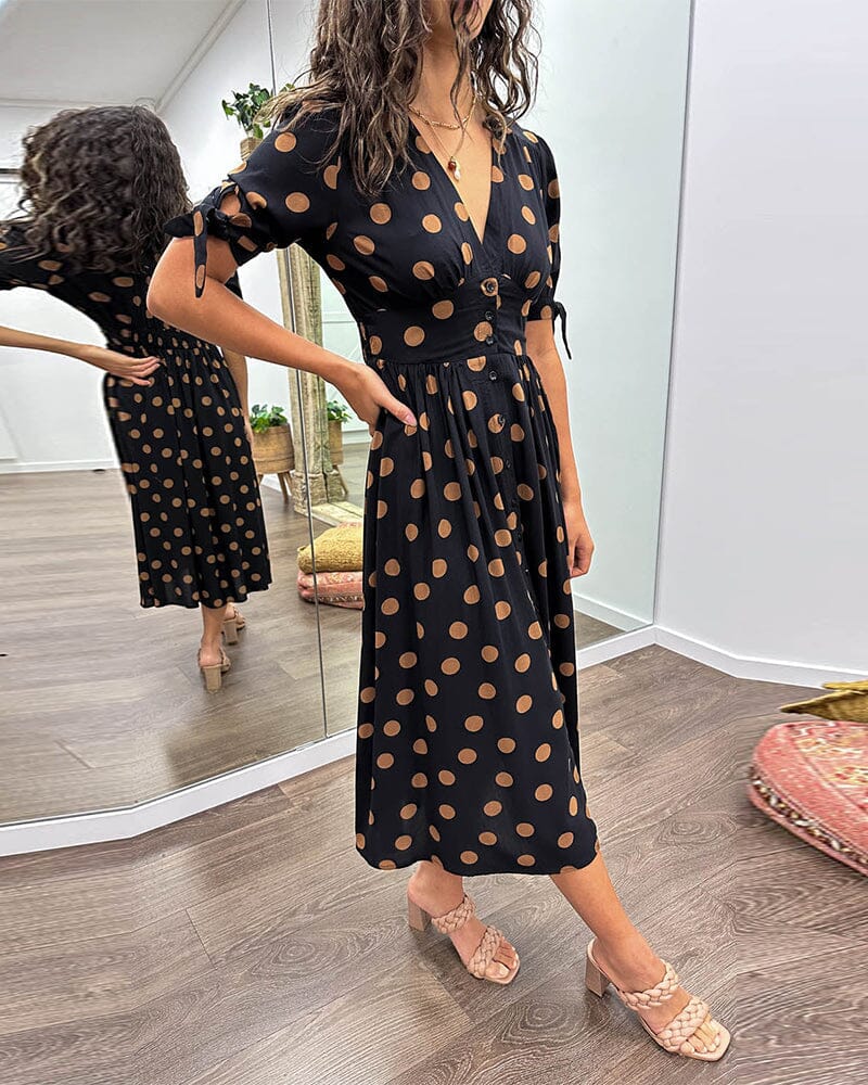 Dotted Midi Dress with Deep V Neckline – Black/Brown, Lightweight, Summer Style