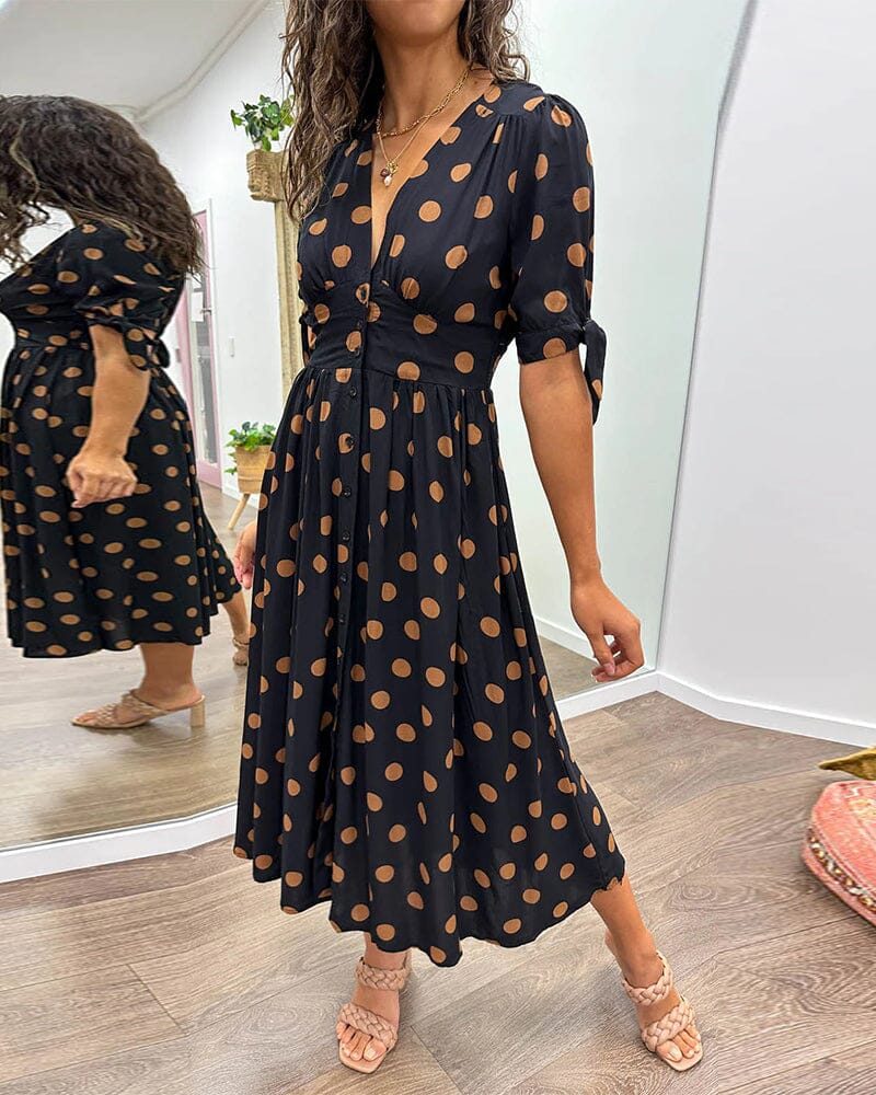 Dotted Midi Dress with Deep V Neckline – Black/Brown, Lightweight, Summer Style