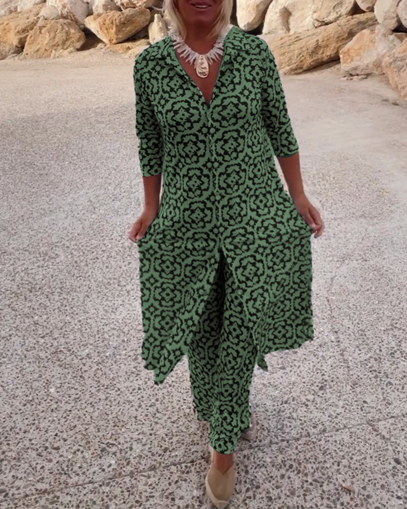 Vintage Printed Two-Piece Set with Lapel Collar and Button Details β Spring/Summer