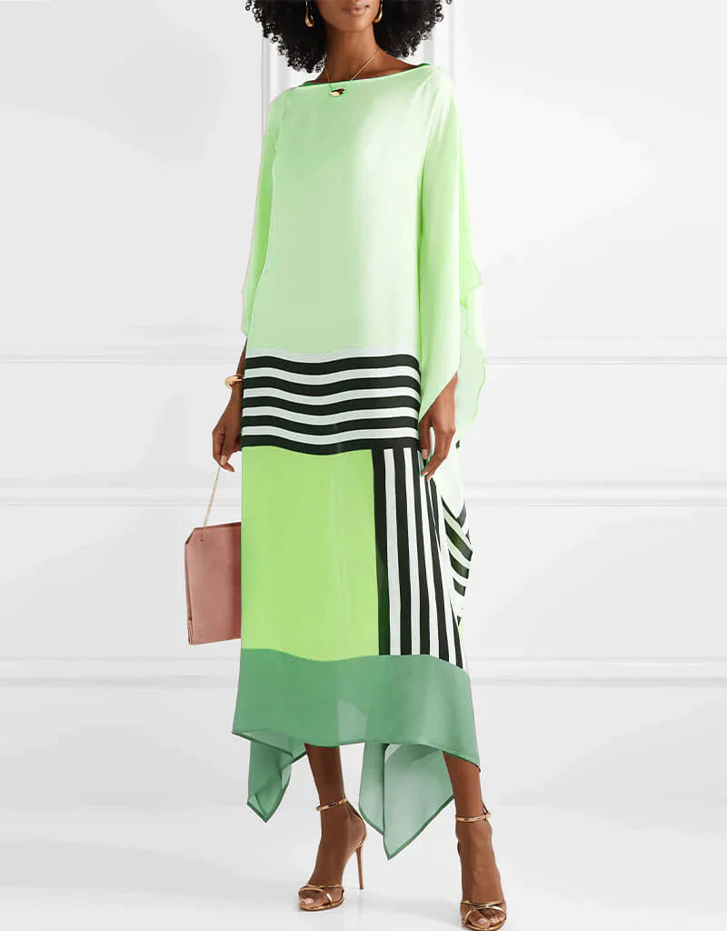 Elegant Geometric Print Caftan Dress β Loose Fit, Lightweight, Pink/Yellow/Black