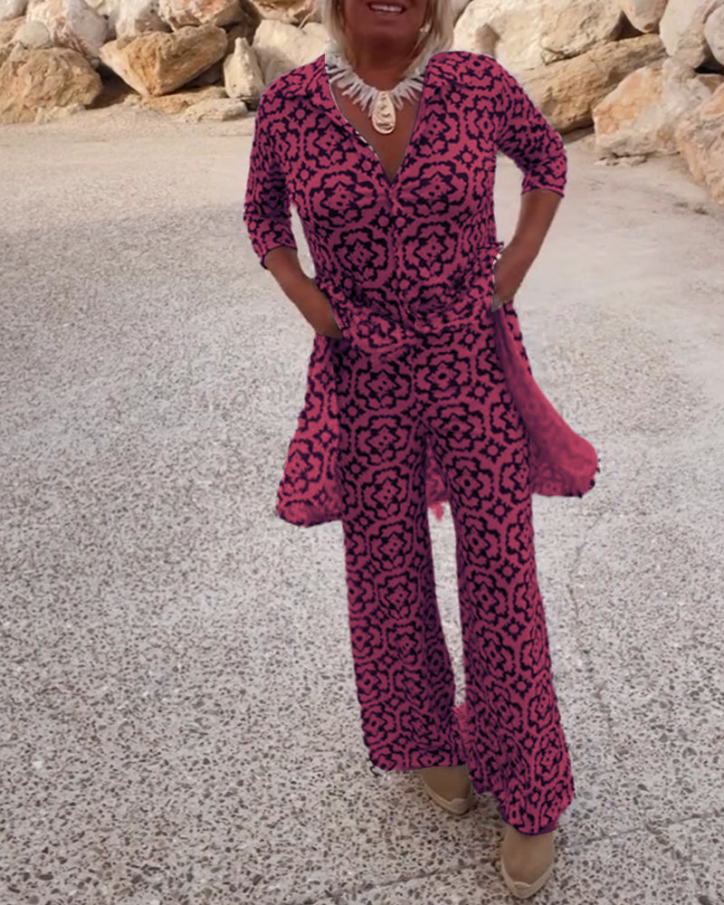 Vintage Printed Two-Piece Set with Lapel Collar and Button Details β Spring/Summer