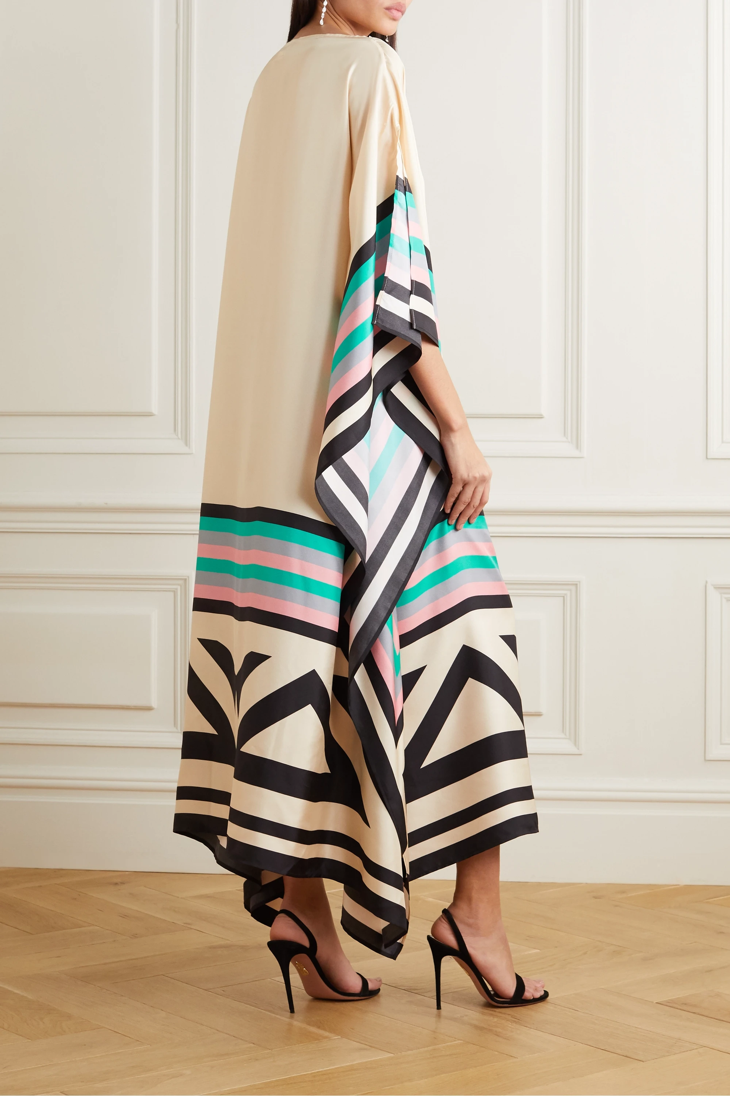 Elegant Geometric Print Caftan Dress β Loose Fit, Lightweight, Pink/Yellow/Black