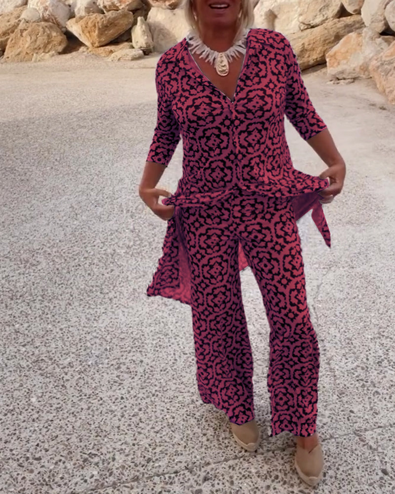 Vintage Printed Two-Piece Set with Lapel Collar and Button Details β Spring/Summer