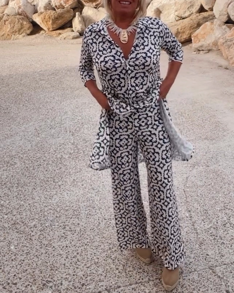 Vintage Printed Two-Piece Set with Lapel Collar and Button Details β Spring/Summer