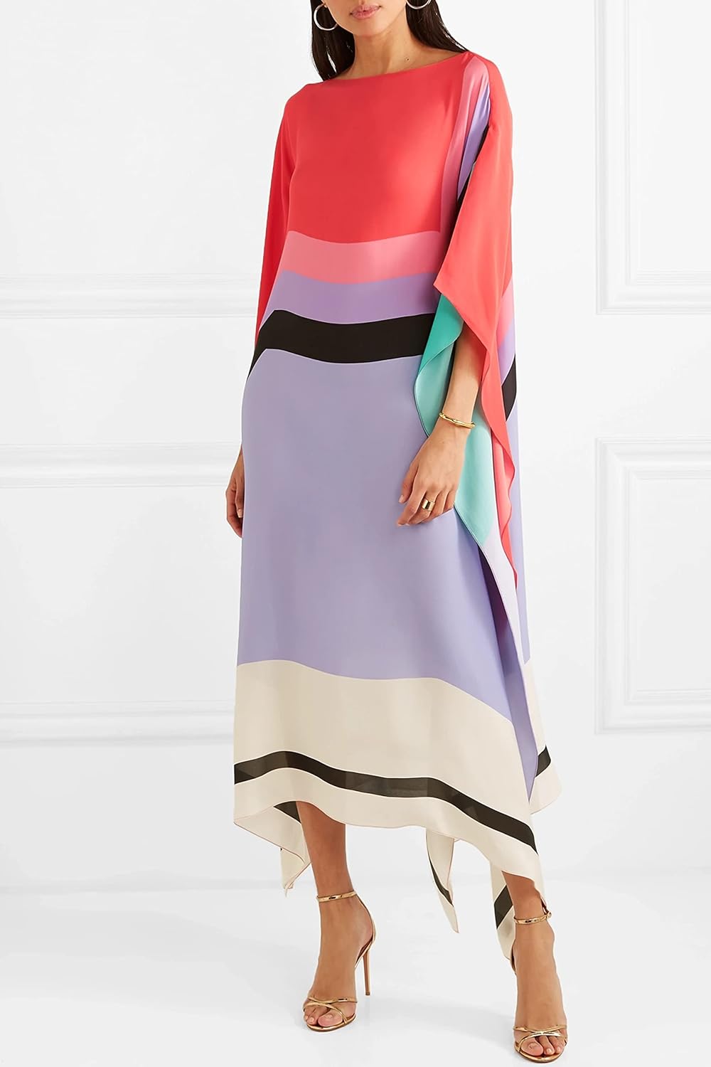 Elegant Geometric Print Caftan Dress β Loose Fit, Lightweight, Pink/Yellow/Black