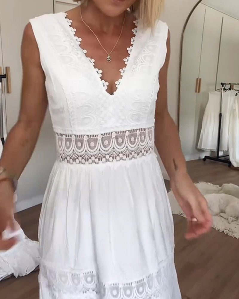 V-neck lace tank dress β sleeveless summer midi with airy lace detail