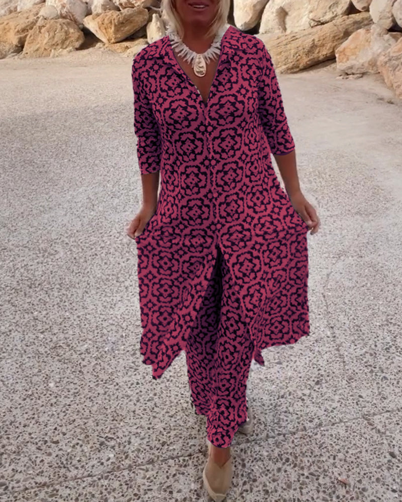 Vintage Printed Two-Piece Set with Lapel Collar and Button Details β Spring/Summer