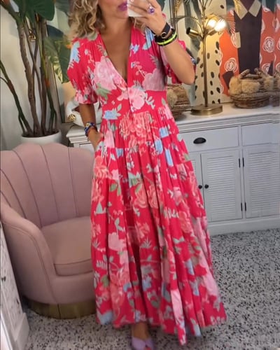 Long Floral V-Neck Dress with Pockets β Flowy Summer Maxi, Comfortable Fit