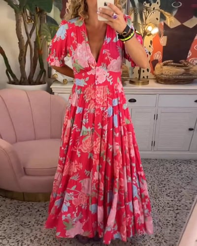 Long Floral V-Neck Dress with Pockets β Flowy Summer Maxi, Comfortable Fit