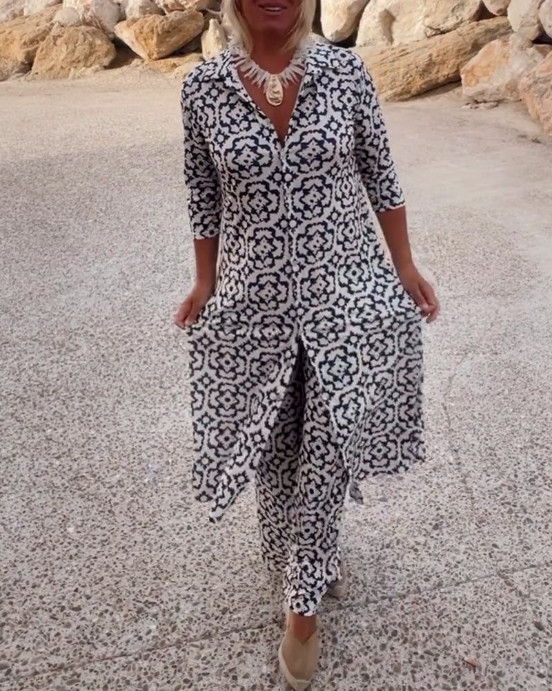 Vintage Printed Two-Piece Set with Lapel Collar and Button Details β Spring/Summer