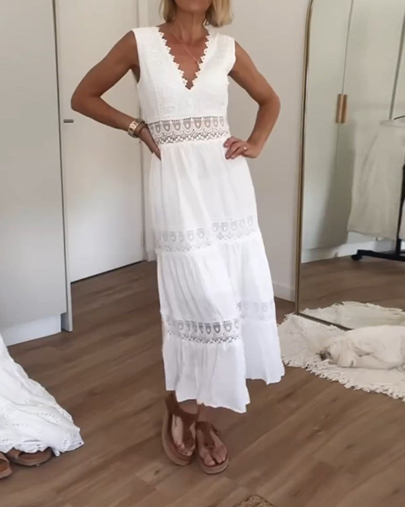 V-neck lace tank dress β sleeveless summer midi with airy lace detail