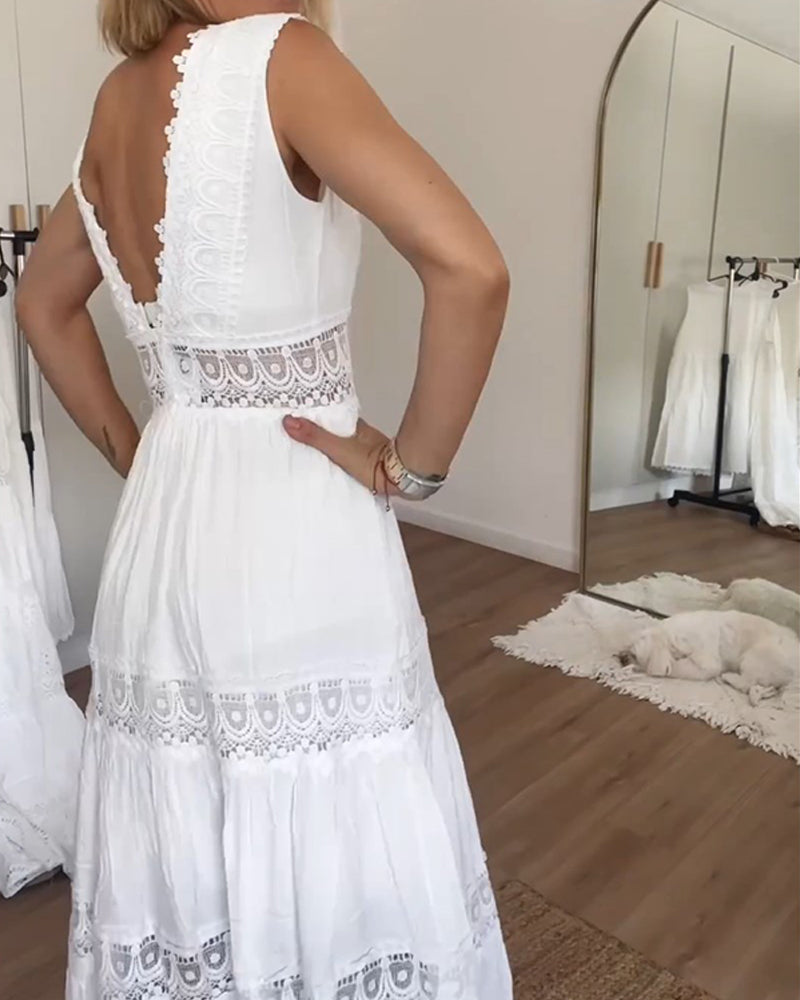 V-neck lace tank dress β sleeveless summer midi with airy lace detail