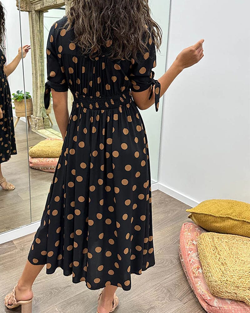 Dotted Midi Dress with Deep V Neckline – Black/Brown, Lightweight, Summer Style