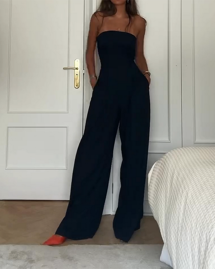 Off-Shoulder Jumpsuit for Women - Wide Leg, Brown, Elegant Evening & Daywear