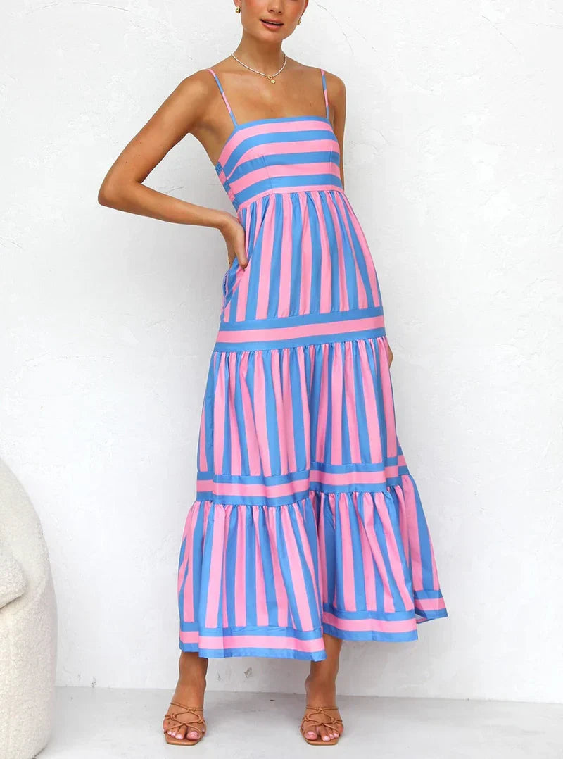 Striped Maxi Dress - Green/White - Sleeveless Summer Dress, Cotton Blend