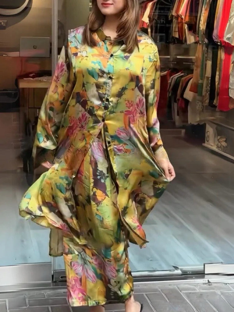 Women's 2-Piece Flowing Shirt Dress Set - Lightweight, Floral or Abstract, Summer