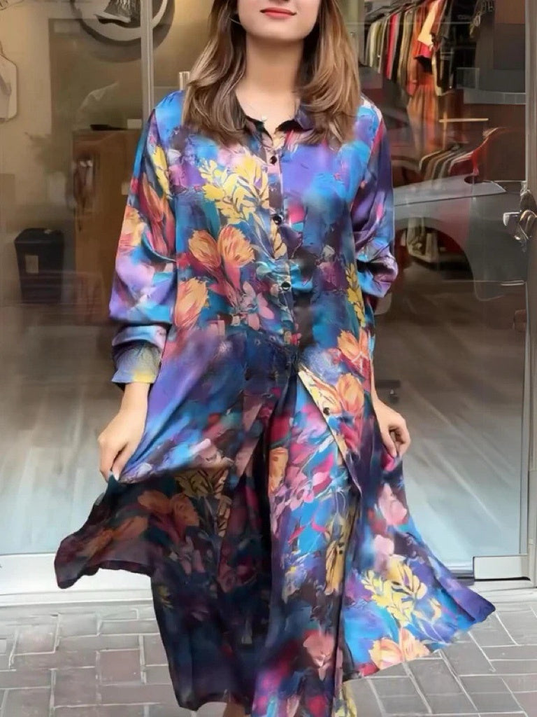 Women's 2-Piece Flowing Shirt Dress Set - Lightweight, Floral or Abstract, Summer