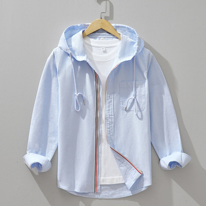 Linen-Cotton Hoodie Shirt - Light Blue - Airy & Breathable Layer