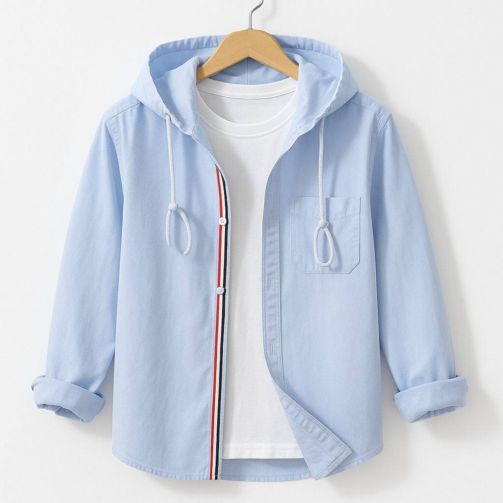 Linen-Cotton Hoodie Shirt - Light Blue - Airy & Breathable Layer