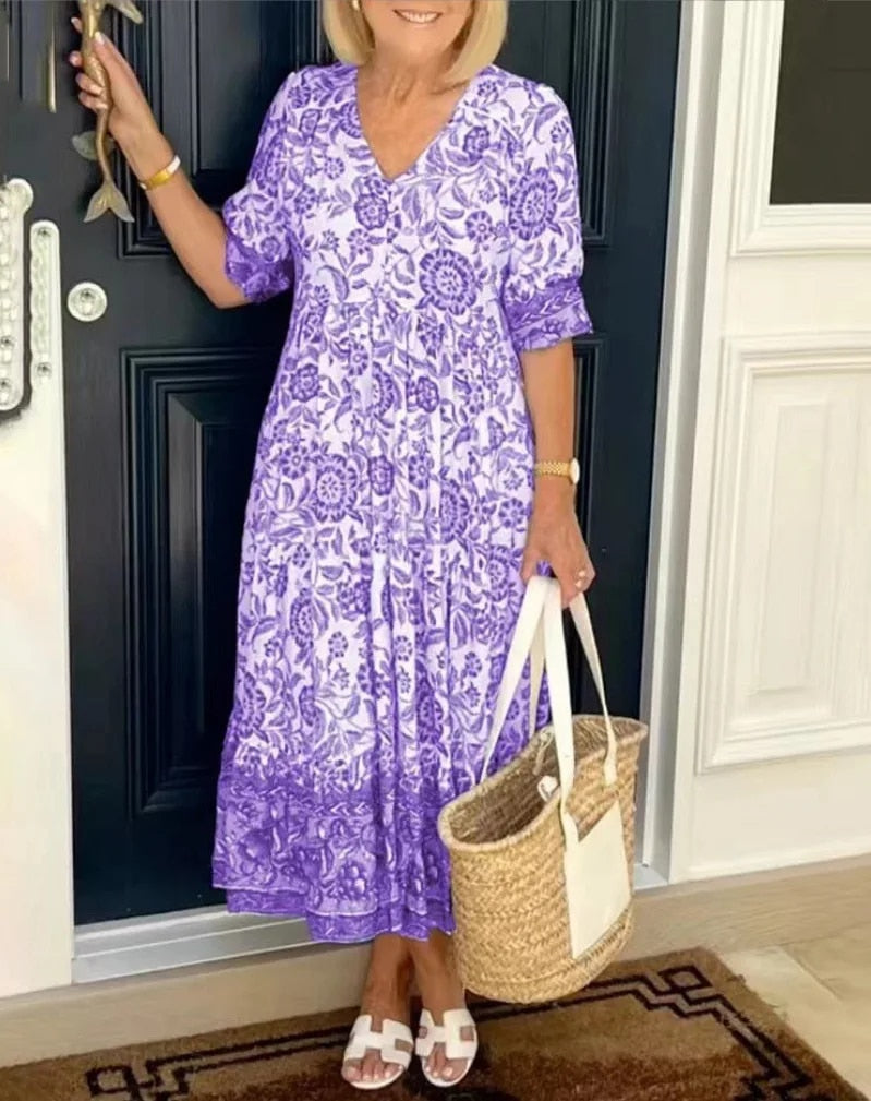 Elegant Floral V-Neck Dress for Women - Lightweight, Blue/White, Flowy